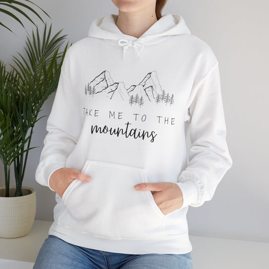 Take Me to the Mountains quote hoodie – cosy adventure sweatshirt for outdoor lovers, hiking enthusiasts, and travel fans. Stylish unisex hoodie for mountain getaways and nature explorers.